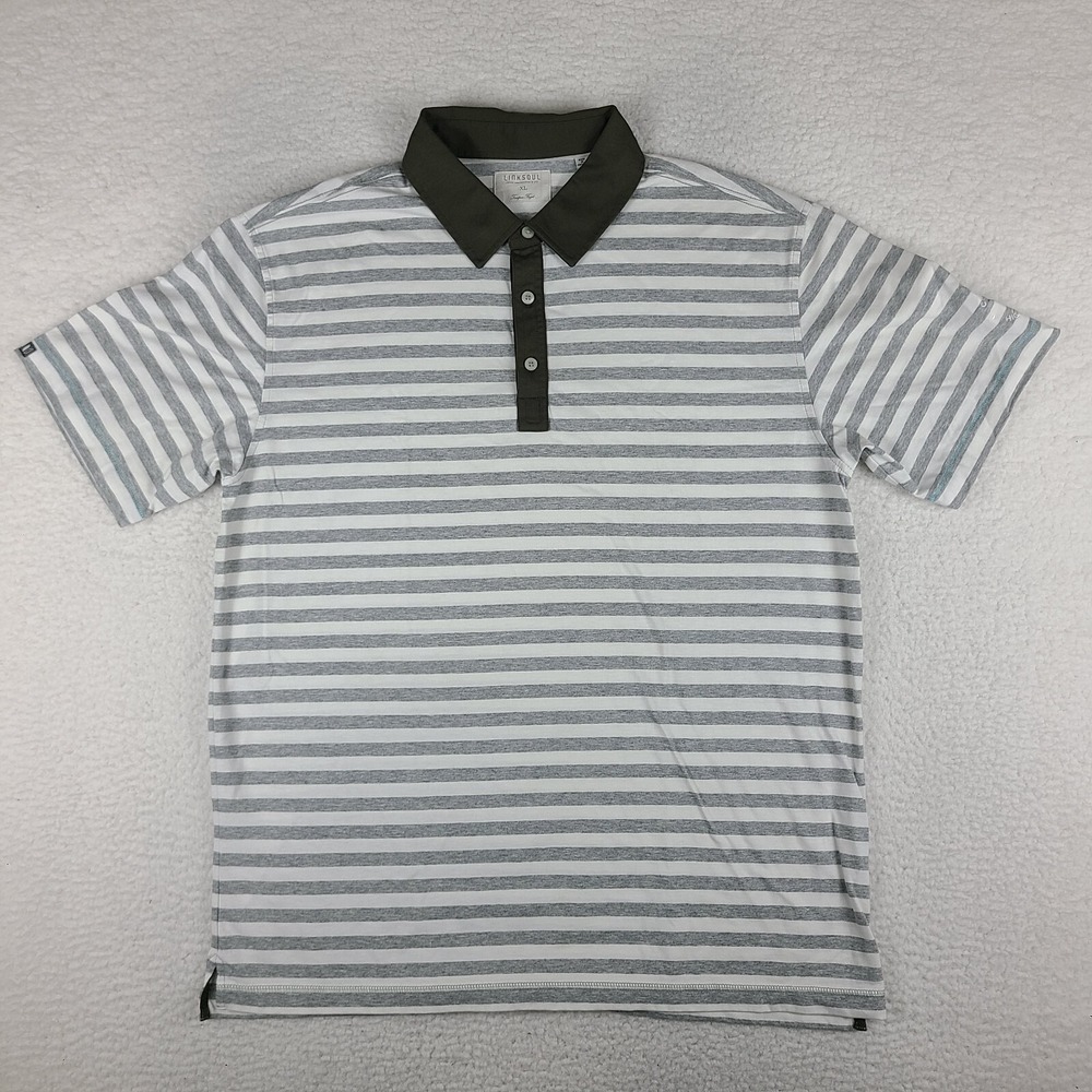 Linksoul Polo Shirt Mens XL Gray White Brown Striped Chicago Highlands Golf Club